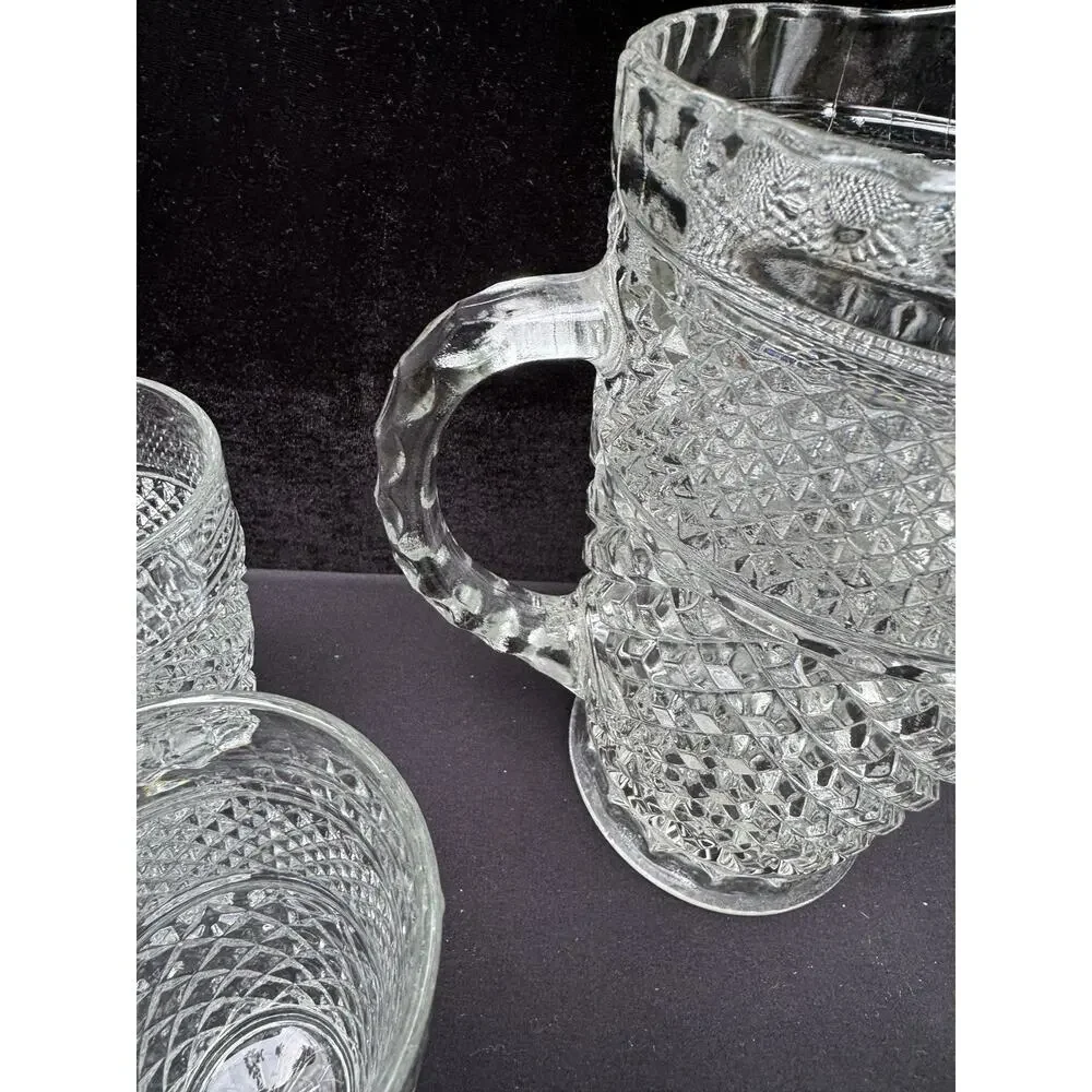 Anchor Hocking Wexford Diamond Cut Glass Vintage Pitcher & 6 Glasses EUC -8/28